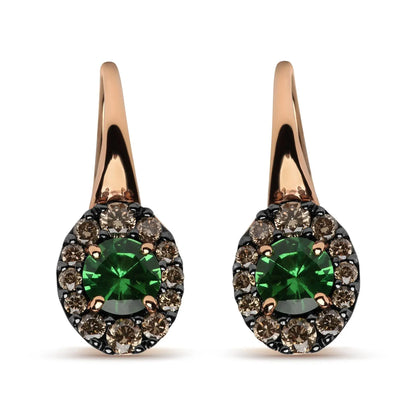 Brown Diamonds & Round Green Tsavorite Drop Hoop Earrings