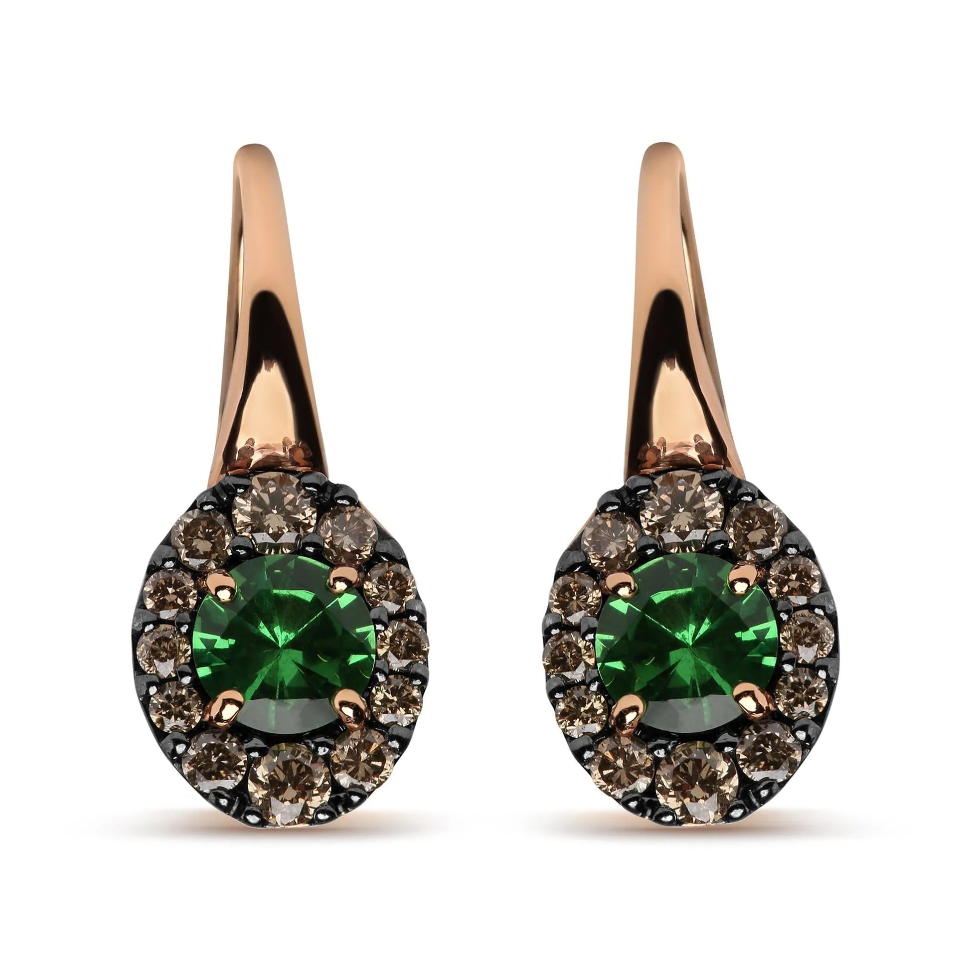Brown Diamonds & Round Green Tsavorite Drop Hoop Earrings-18K Rose and White Gold