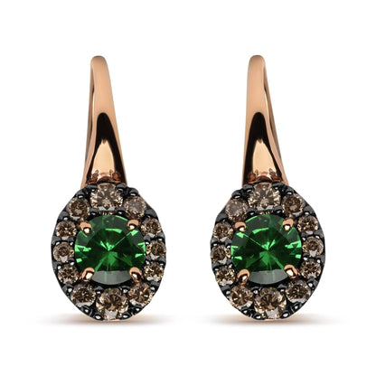 Diamonds & Green Tsavorite Gemstone Halo Drop Hoop Earrings