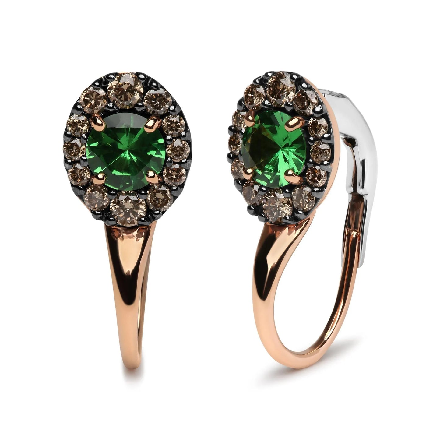 Diamonds & Green Tsavorite Gemstone Halo Drop Hoop Earrings