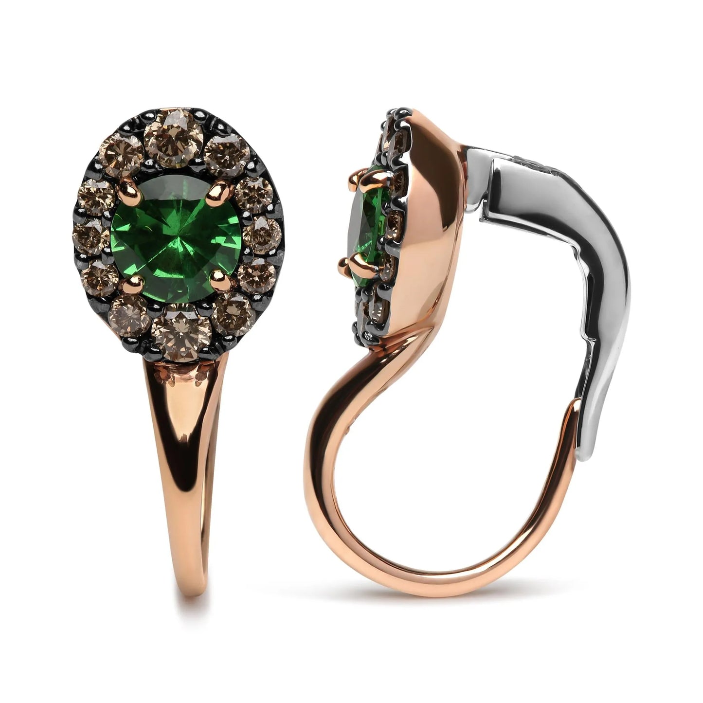 Brown Diamonds & Round Green Tsavorite Drop Hoop Earrings side view