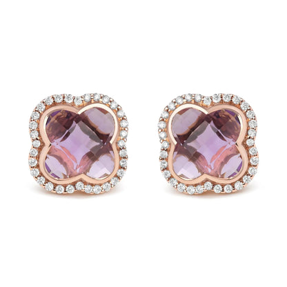Diamond & Clover-Cut Purple Amethyst Gemstone Stud Earrings