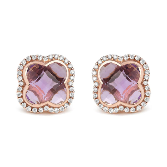 Diamond & Clover-Cut Purple Amethyst Gemstone Stud Earrings