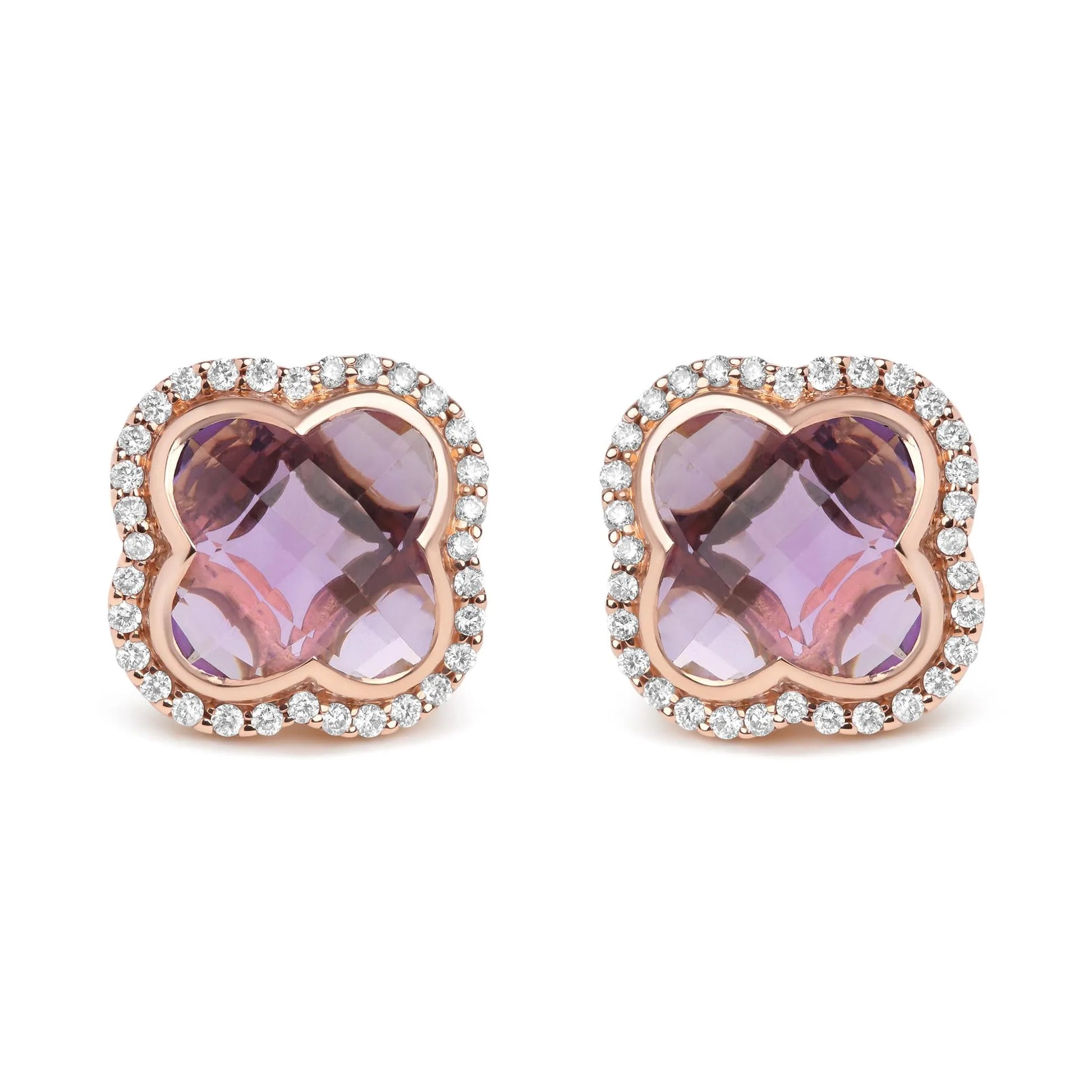 Diamond & Clover-Cut Purple Amethyst Gemstone Stud Earrings - 18K Rose Gold 