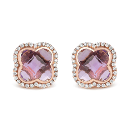 Diamond & Clover-Cut Purple Amethyst Gemstone Stud Earrings - 3/8 Cttw Diamond