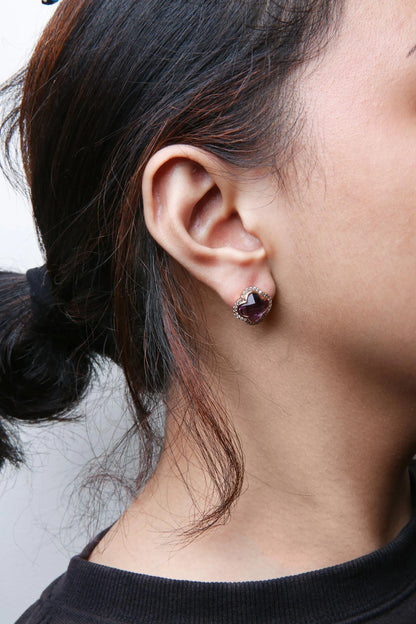 Diamond & Clover-Cut Purple Amethyst Gemstone Stud Earrings worn by model