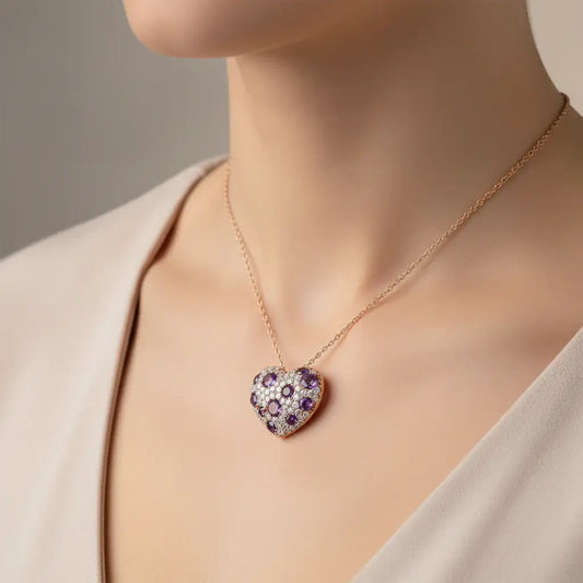 18K Rose Gold Diamond and Purple Amethyst Cluster Necklace 