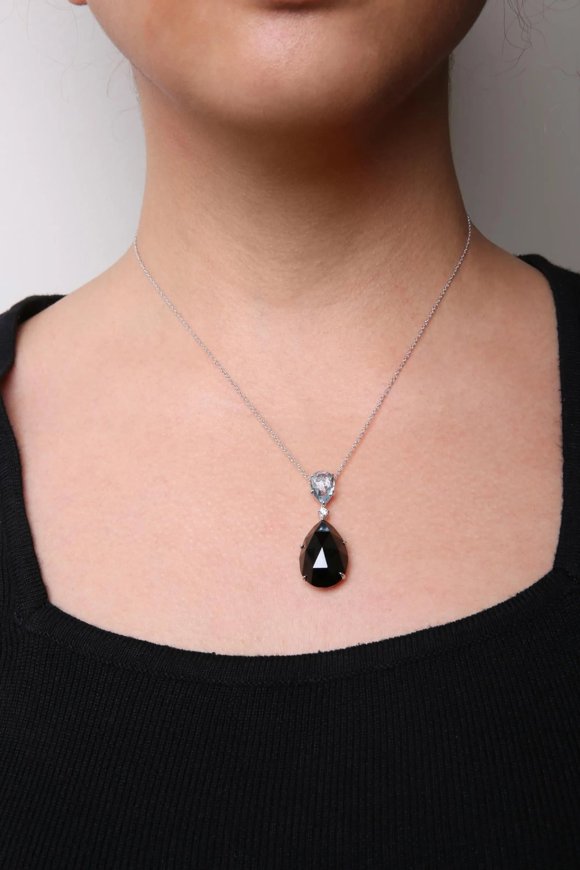 Sky Blue Topaz and Pear Cut Black Onyx Dangle Drop Necklace