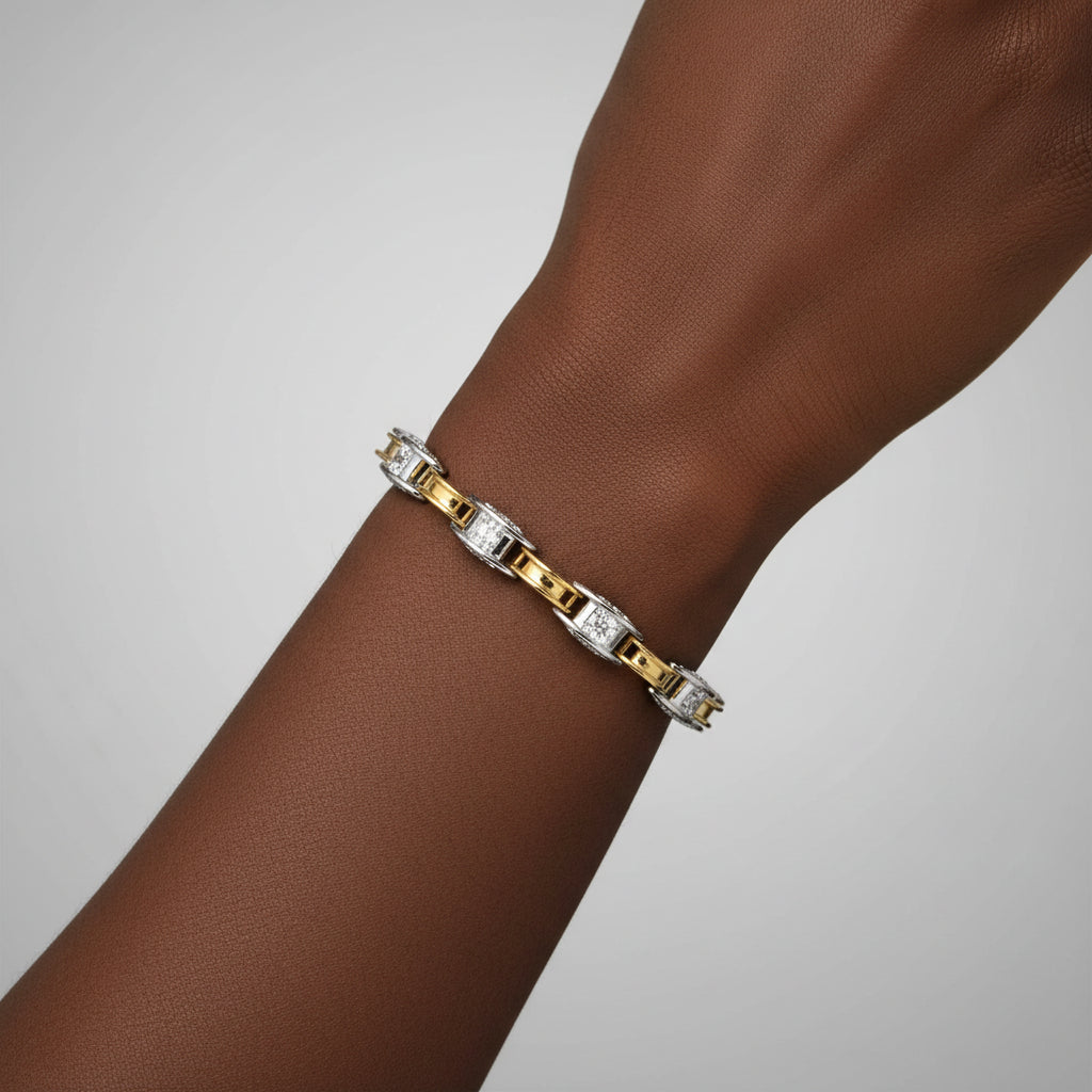 14K Two-Tone Gold 1.00 Cttw Princess-Cut Diamond Chain Link Bracelet