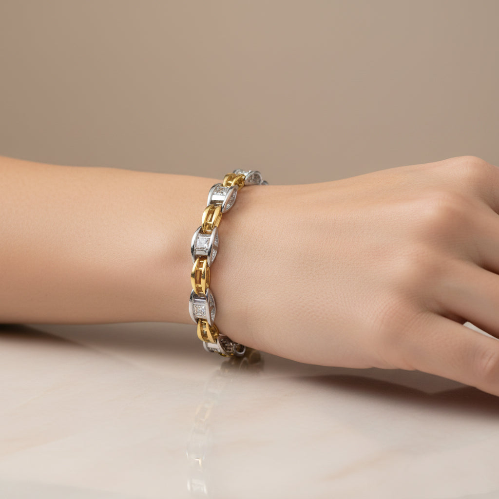 14K Two-Tone Gold 1.00 Cttw Princess-Cut Diamond Chain Link Bracelet