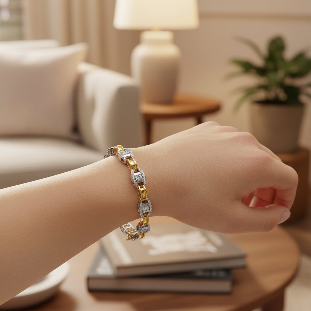 14K Two-Tone Gold 1.00 Cttw Princess-Cut Diamond Chain Link Bracelet 