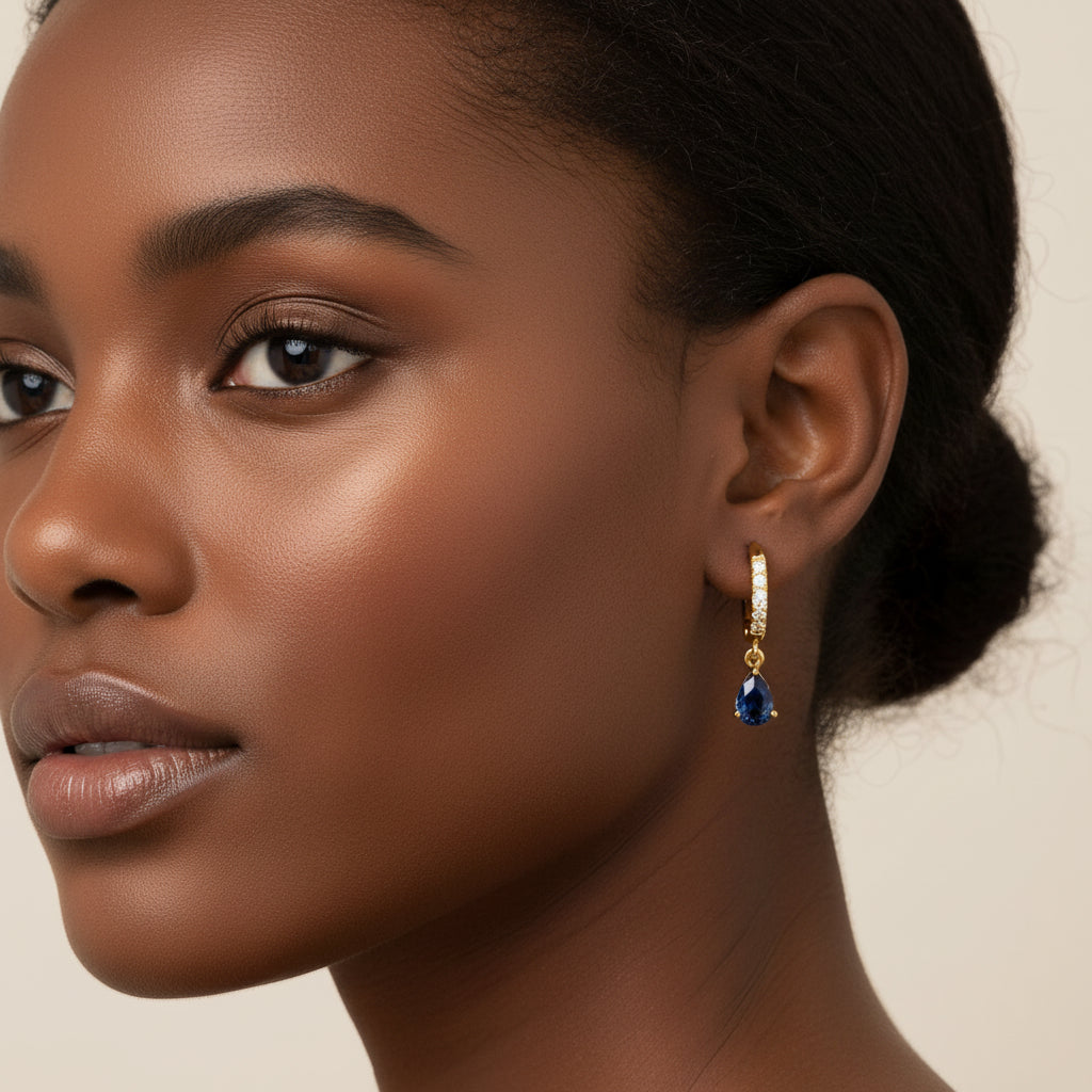 10K Yellow Gold Pear Blue Sapphire Diamond Drop and Dangle Huggy Hoop Earrings
