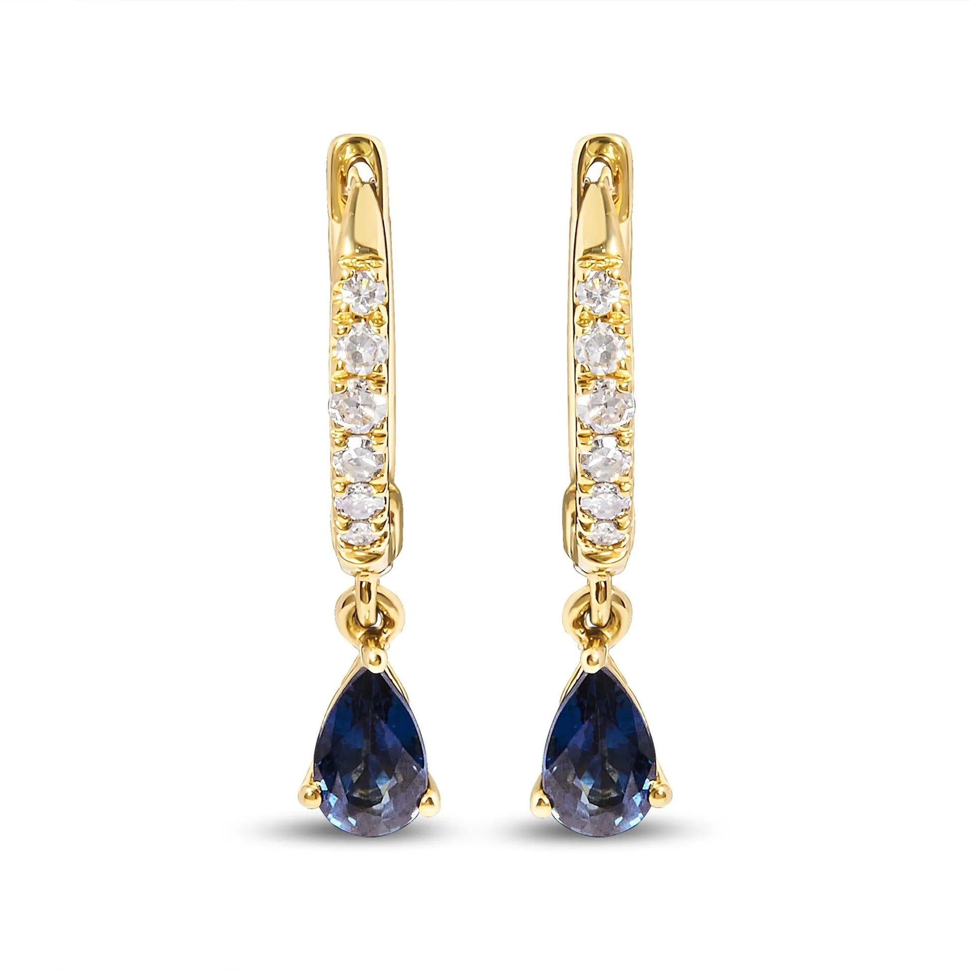 Pear Blue Sapphire and Diamond Drop and Dangle Hoop Earrings