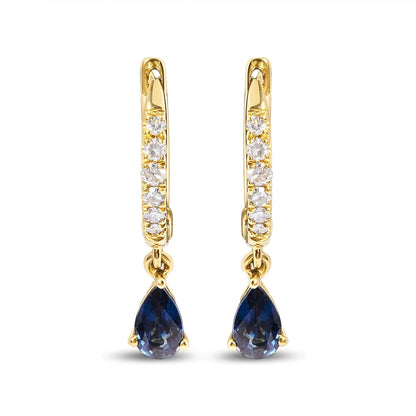 Pear Blue Sapphire and Diamond Drop and Dangle Hoop Earrings