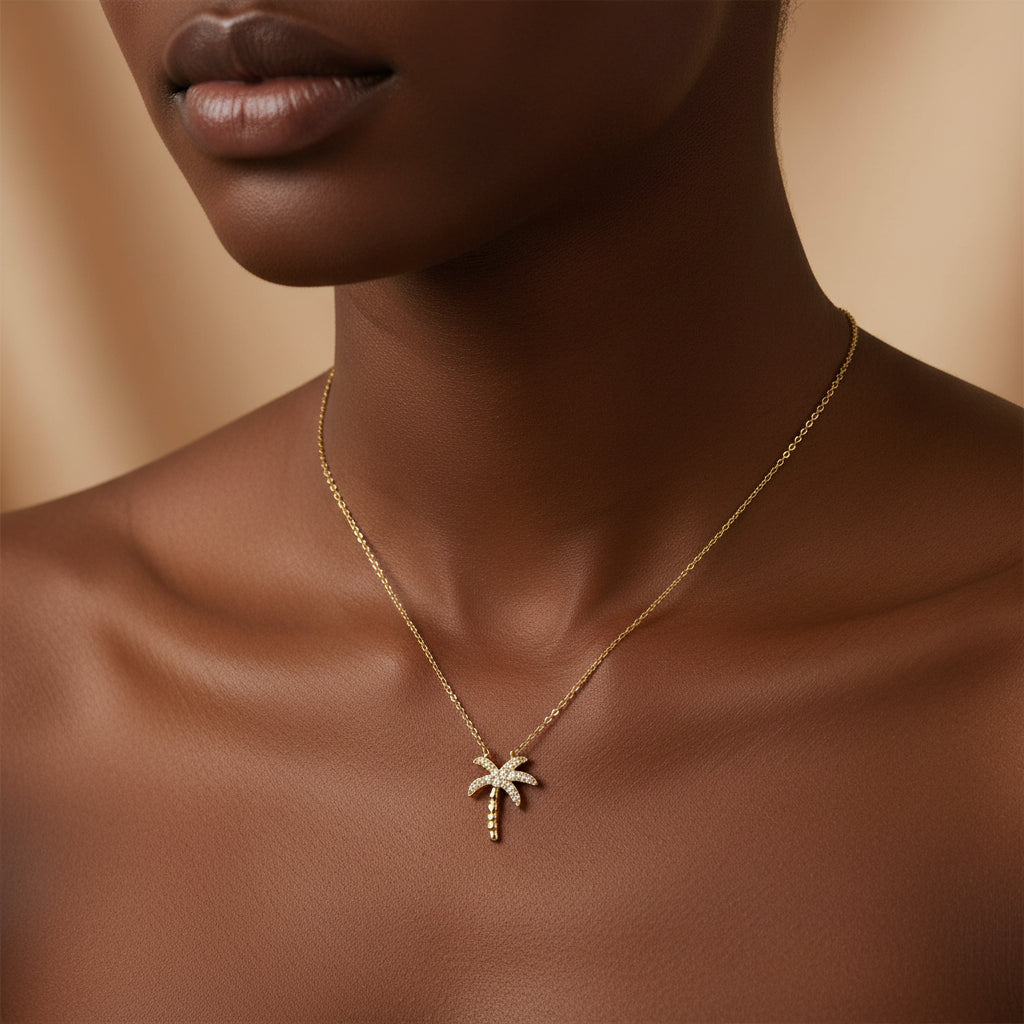 Diamond Palm Tree Pendant Necklace - 10K Yellow Gold