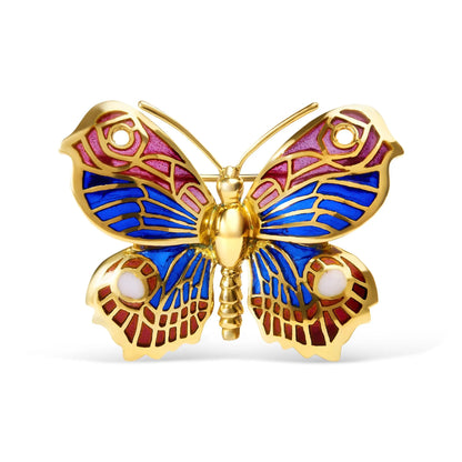 Enameled Butterfly Brooch Pin - 18K Yellow Gold