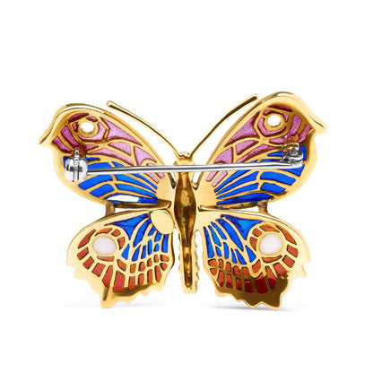 Enameled Butterfly Brooch Pin - 18K Yellow Gold