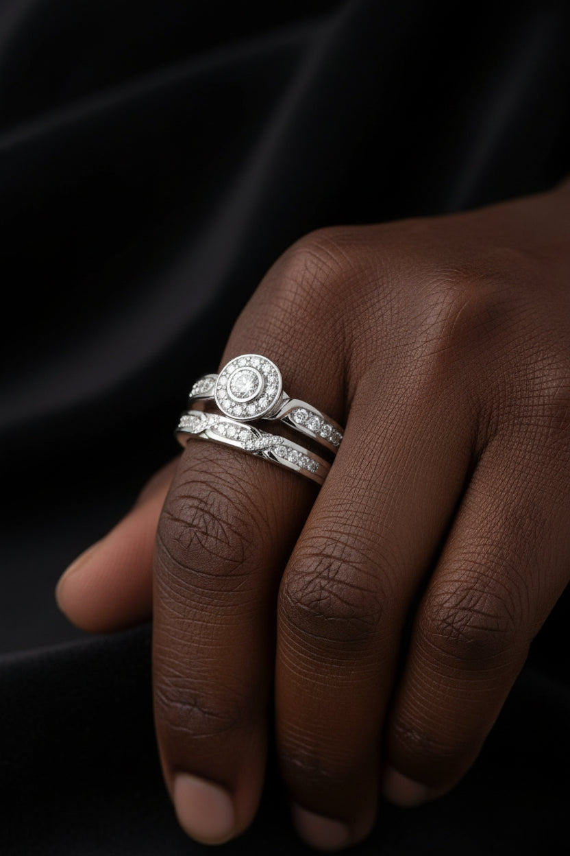.925 Sterling Silver Diamond Accent Frame Twist Shank Bridal Set Ring and Band