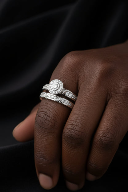 .925 Sterling Silver Diamond Accent Frame Twist Shank Bridal Set Ring and Band