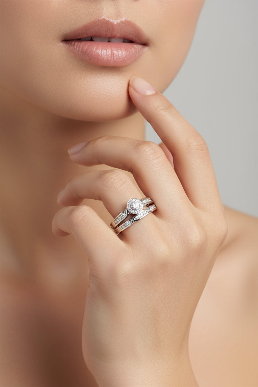 .925 Sterling Silver Diamond Accent Frame Twist Shank Bridal Set Ring and Band