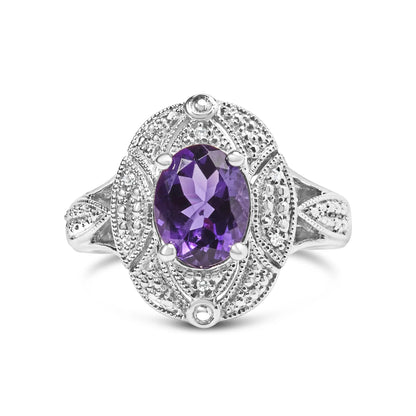 .925 Sterling Silver Oval Purple Amethyst and Round Diamond Accent Fashion Cocktail Ring