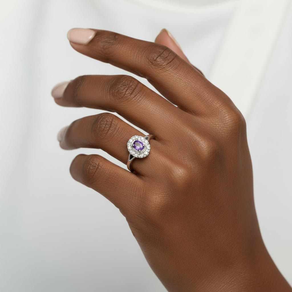 .925 Sterling Silver Oval Purple Amethyst and Round Diamond Accent Fashion Cocktail Ring