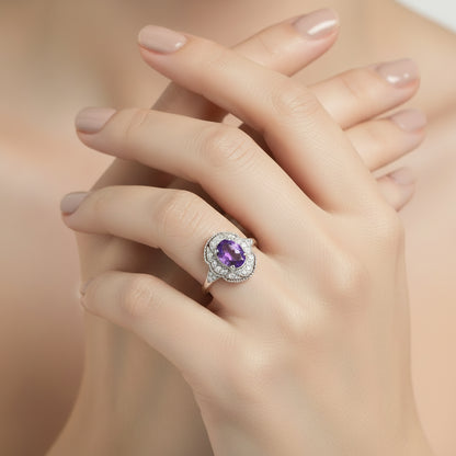 .925 Sterling Silver Oval Purple Amethyst and Round Diamond Accent Fashion Cocktail Ring