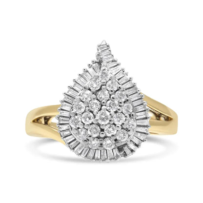14K Gold Round & Baguette Diamond Ballerina Cocktail Ring-1.00 Cttw diamonds