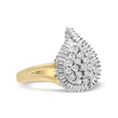 14K Gold Round & Baguette Diamond Ballerina Cocktail Ring-Yellow and White Gold