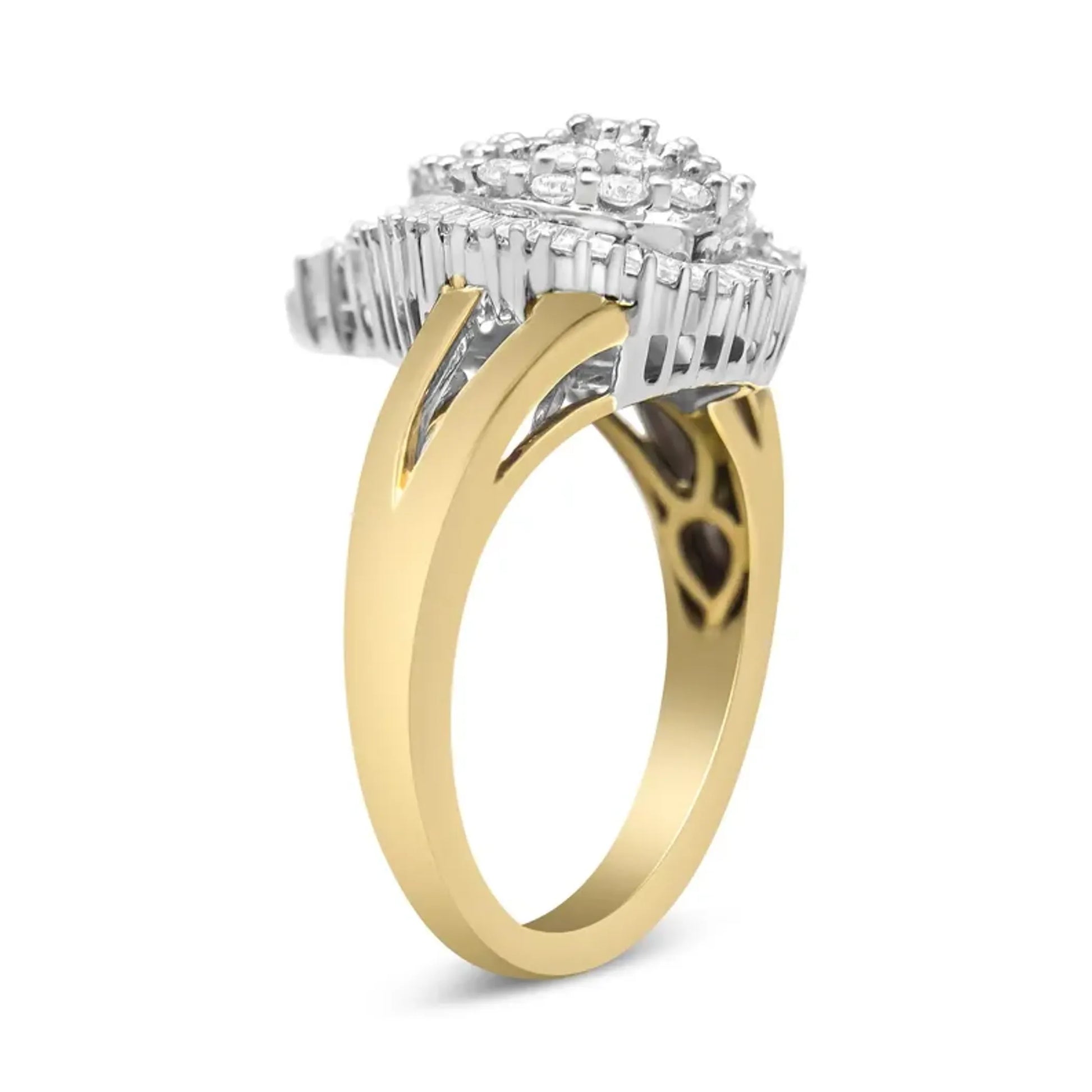 14K Gold Round & Baguette Diamond Ballerina Cocktail Ring side view