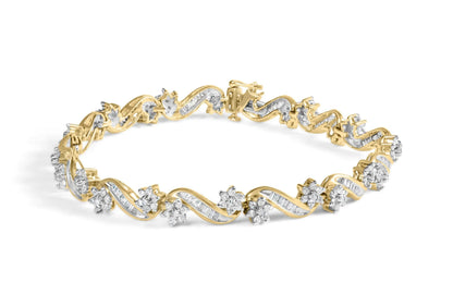 10k Yellow Gold 3.00 Cttw Round-Cut and Baguette-Cut Floral Link Bracelet