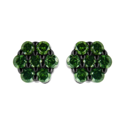 Round-Cut Treated Colored Diamond Floral Cluster Stud Earrings