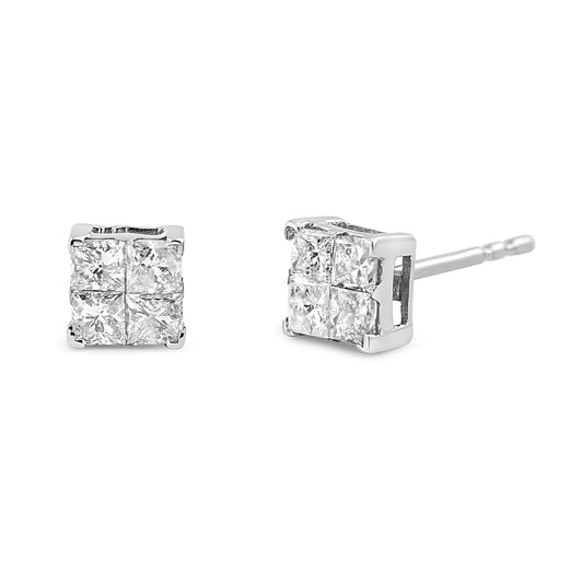 10K White Gold Princess-Cut Diamond Composite Stud Earrings