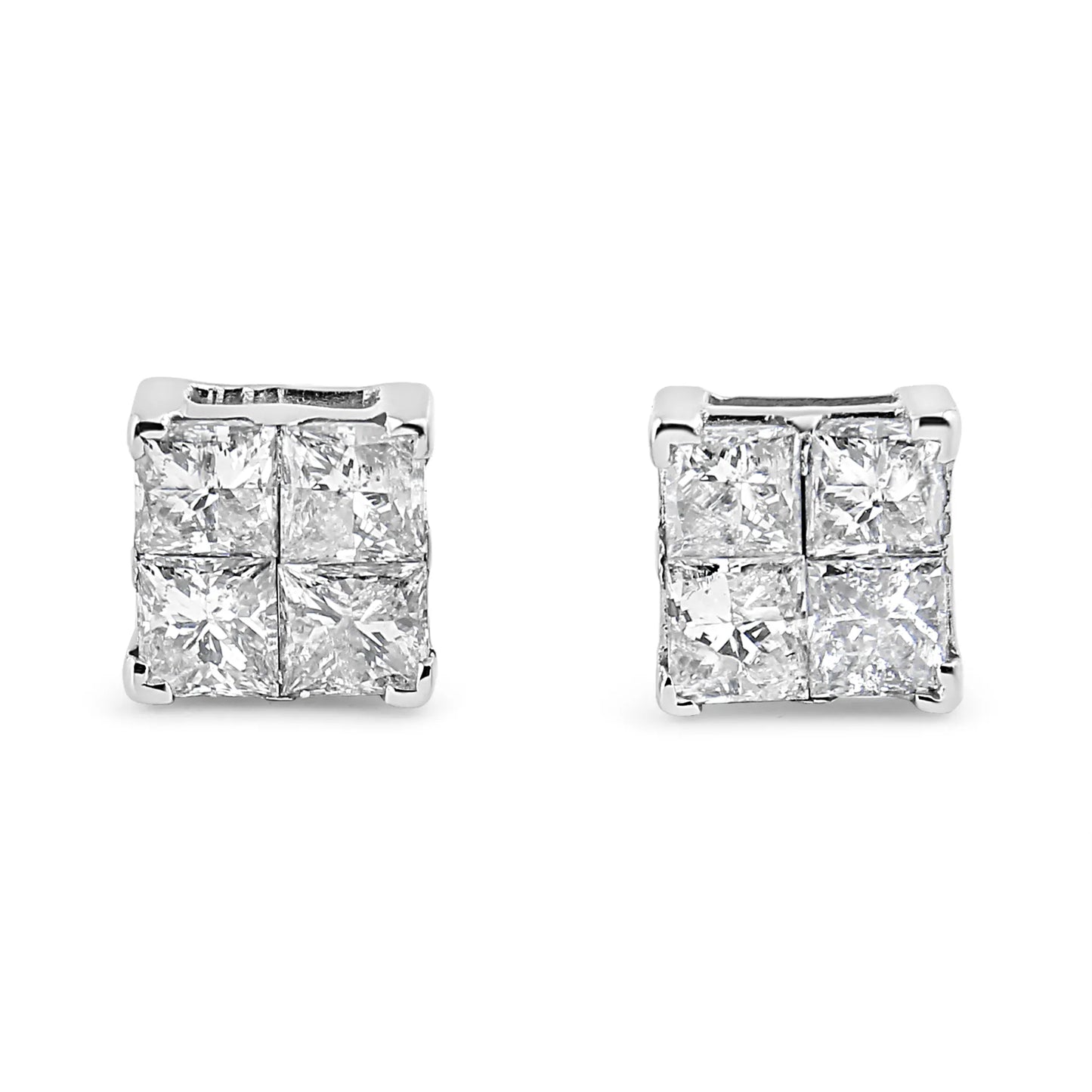 10K White Gold Princess-Cut Diamond Composite Stud Earrings front view