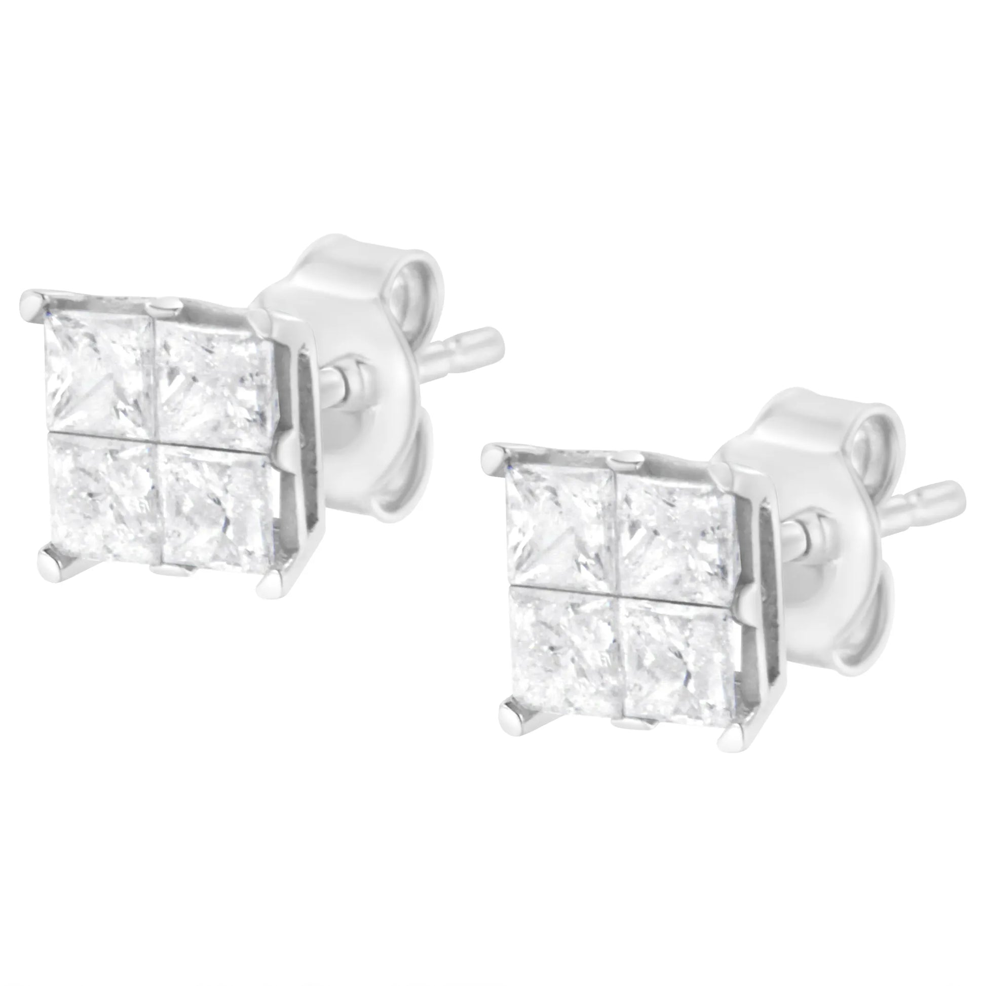 10K White Gold Princess-Cut Diamond Composite Stud Earrings side view