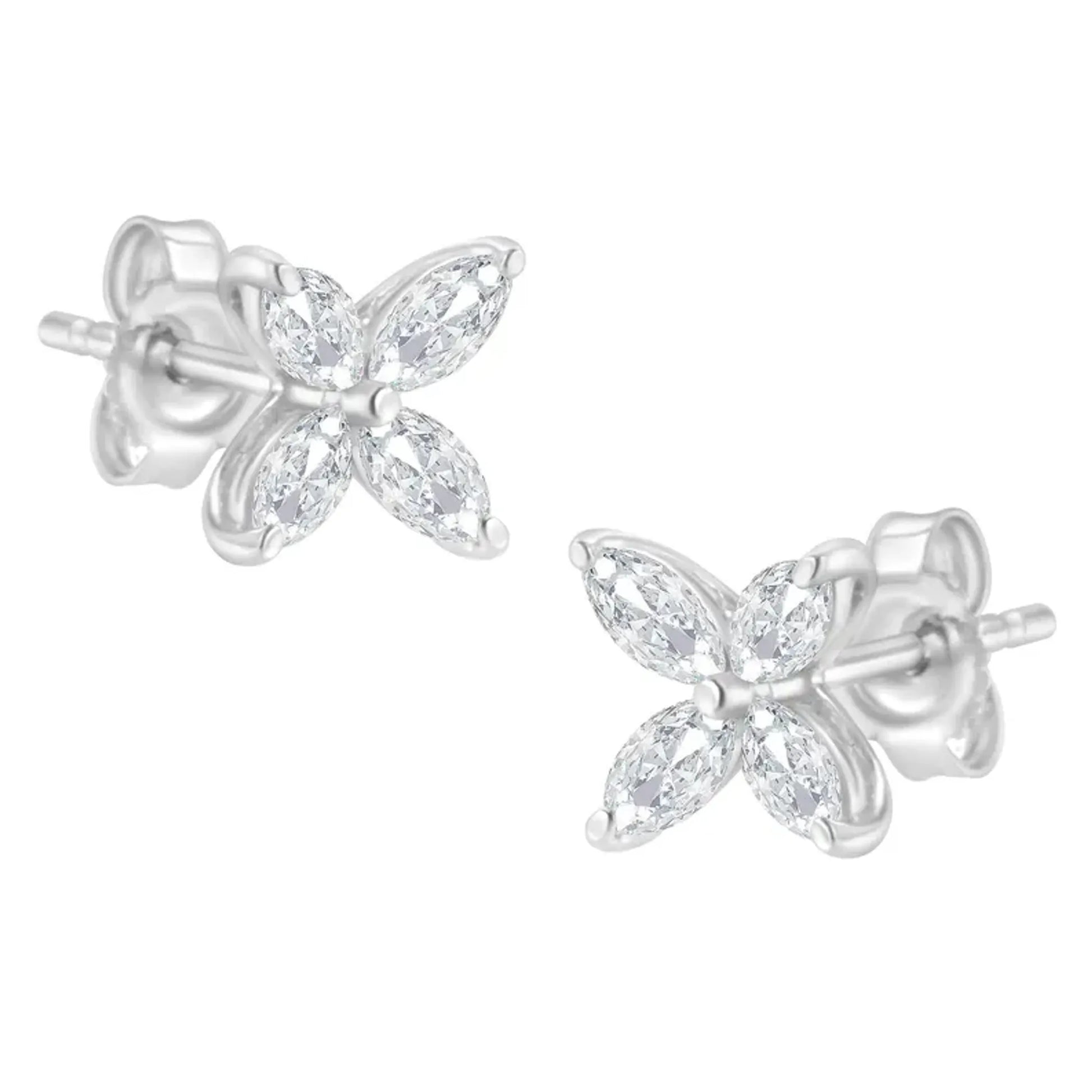 14K Gold Marquise Diamond 8 Stone Floral Leaf Stud Earrings