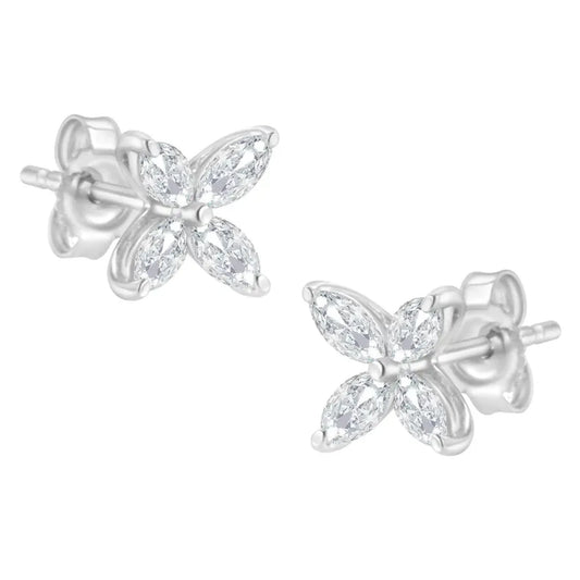 14K Gold Marquise Diamond 8 Stone Floral Leaf Stud Earrings