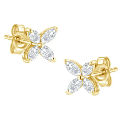 14K Gold Marquise Diamond 8 Stone Floral Leaf Stud Earrings in yellow gold