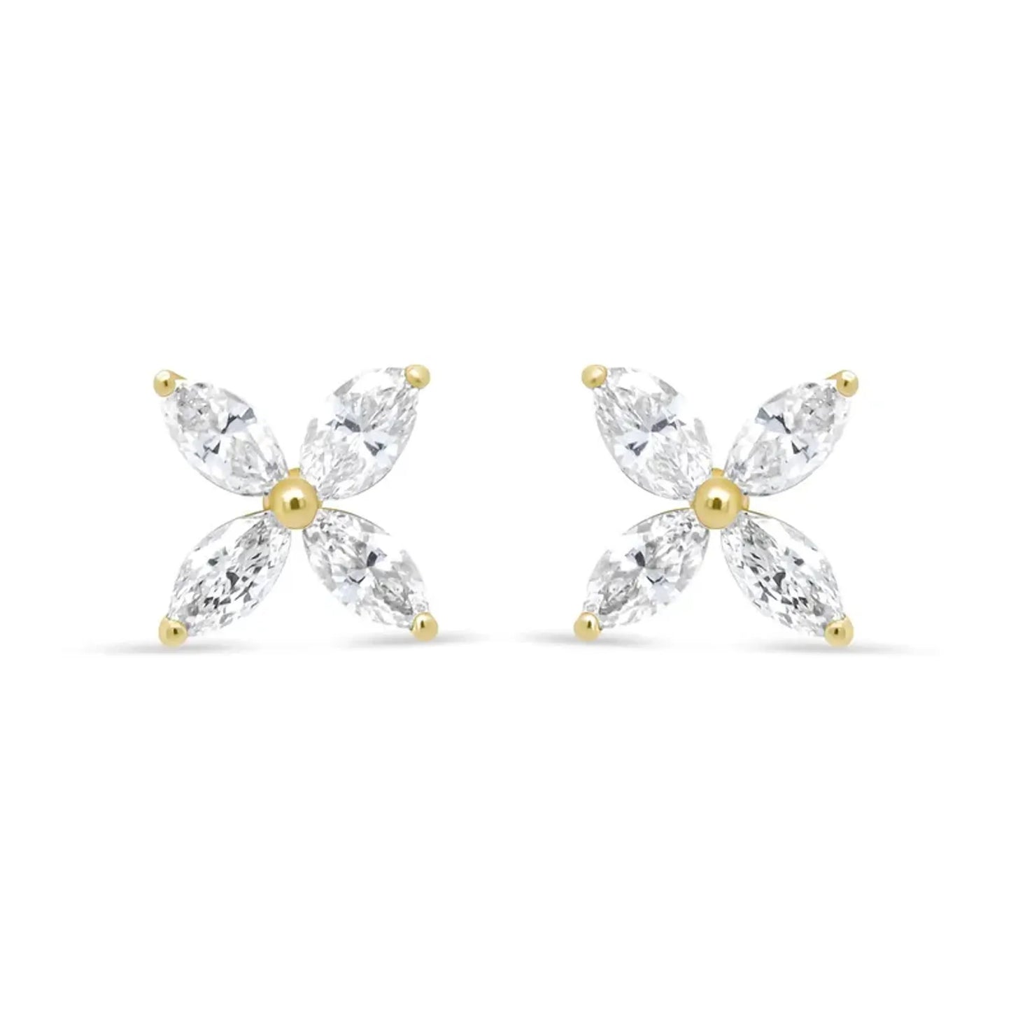 14K Gold Marquise Diamond 8 Stone Floral Leaf Stud Earrings straight on view