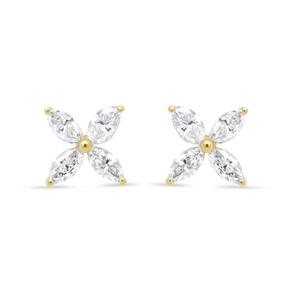 14K Gold Marquise Diamond 8 Stone Floral Leaf Stud Earrings straight on view