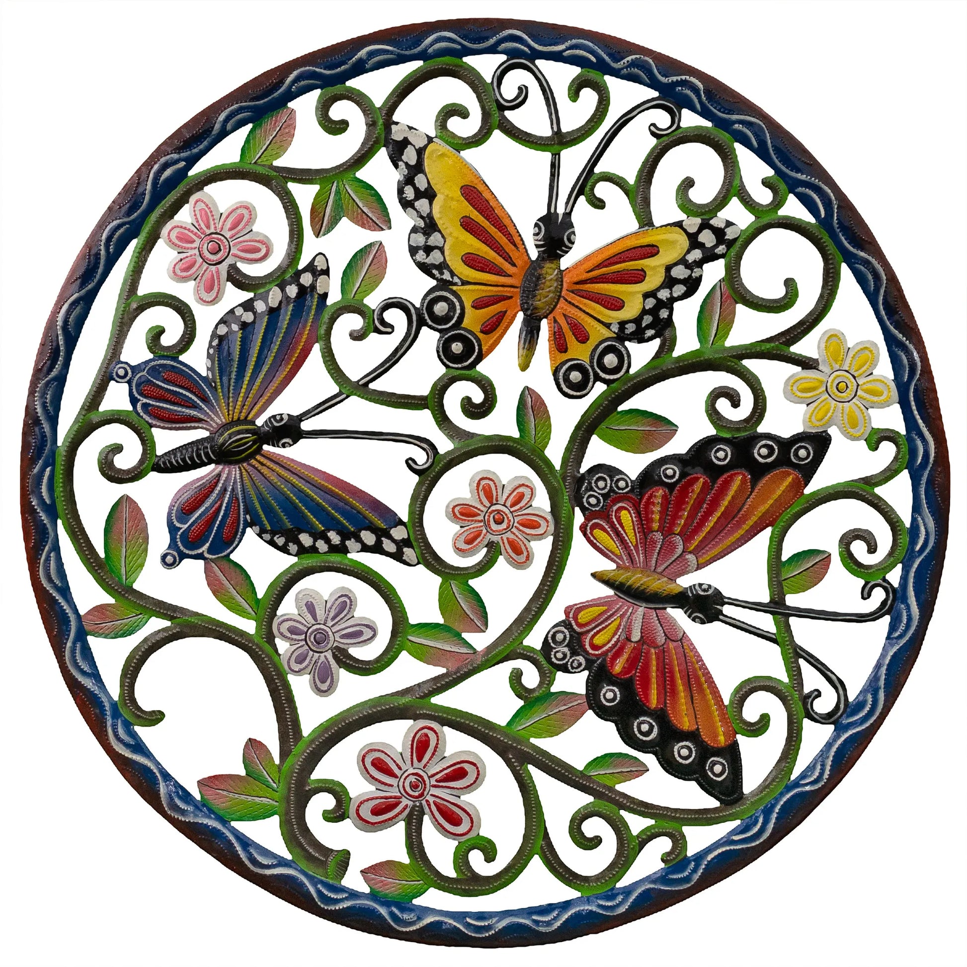 Painted Butterfly Garden Wall Decor is hand-chiseled out of recycled steel oil drums