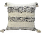 White and Black Zippered Cotton Blend Ribbed Throw Pillow with Tassels