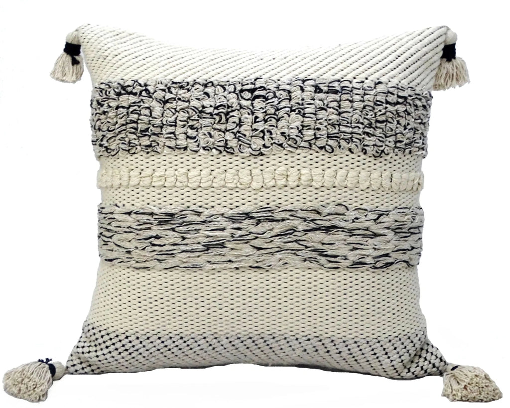22" X 22" White And Black Zippered Cotton Blend Ribbed Throw Pillow With Tassels - Nobiliving