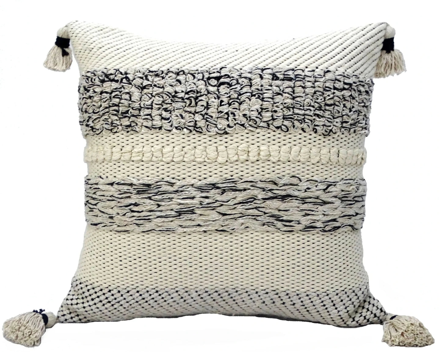 22" X 22" White And Black Zippered Cotton Blend Ribbed Throw Pillow With Tassels - Nobiliving
