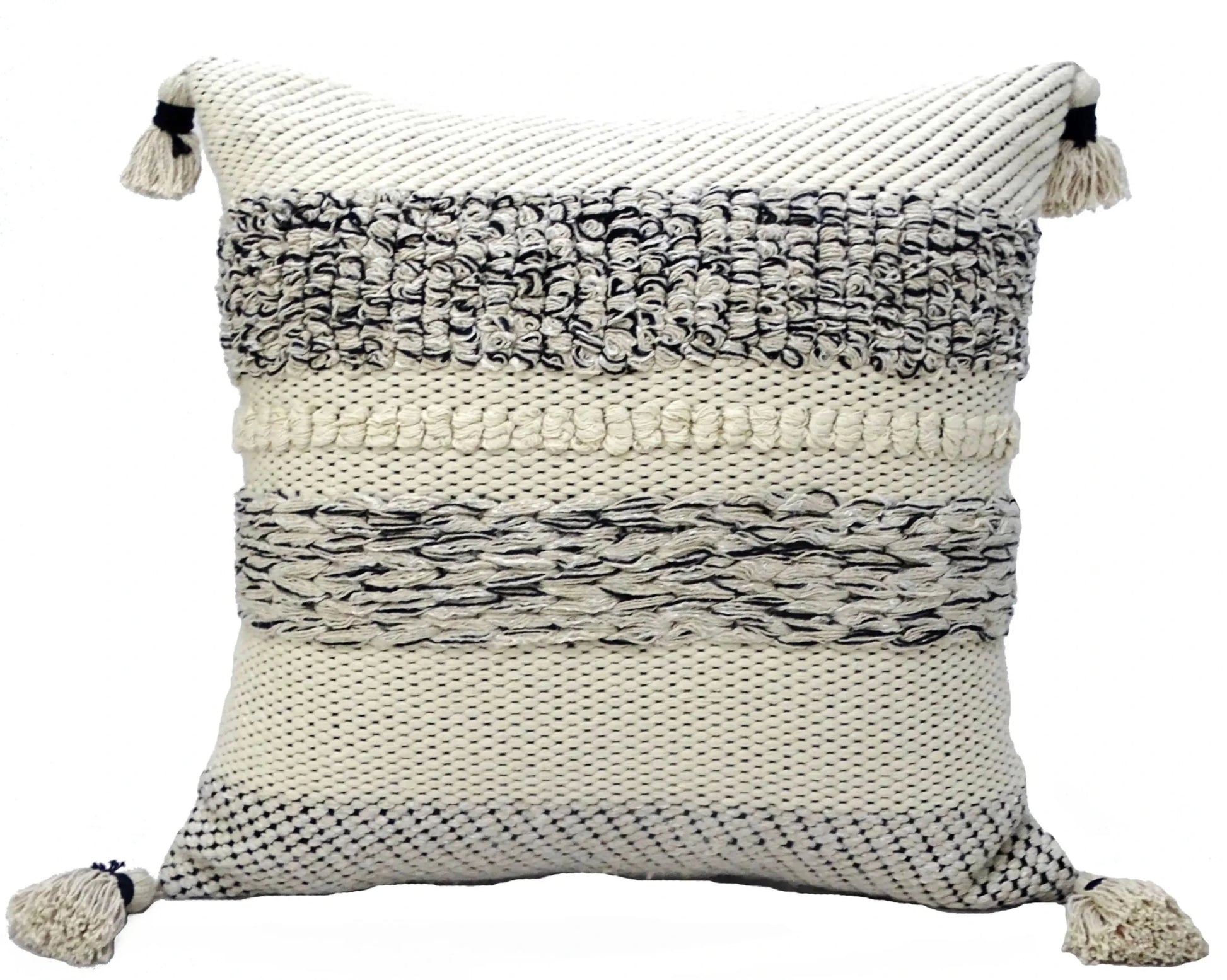 22" X 22" White And Black Zippered Cotton Blend Ribbed Throw Pillow With Tassels - Nobiliving