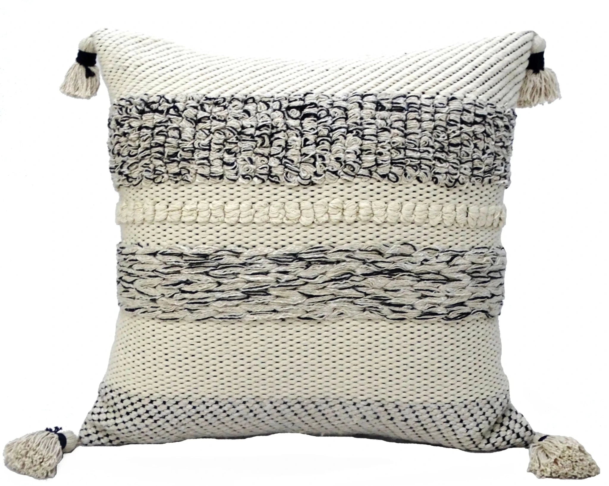 22" X 22" White And Black Zippered Cotton Blend Ribbed Throw Pillow With Tassels - Nobiliving