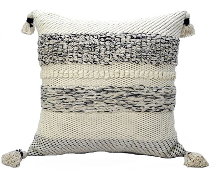22" X 22" White And Black Zippered Cotton Blend Ribbed Throw Pillow With Tassels - Nobiliving