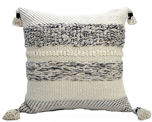 22" X 22" White And Black Zippered Cotton Blend Ribbed Throw Pillow With Tassels - Nobiliving