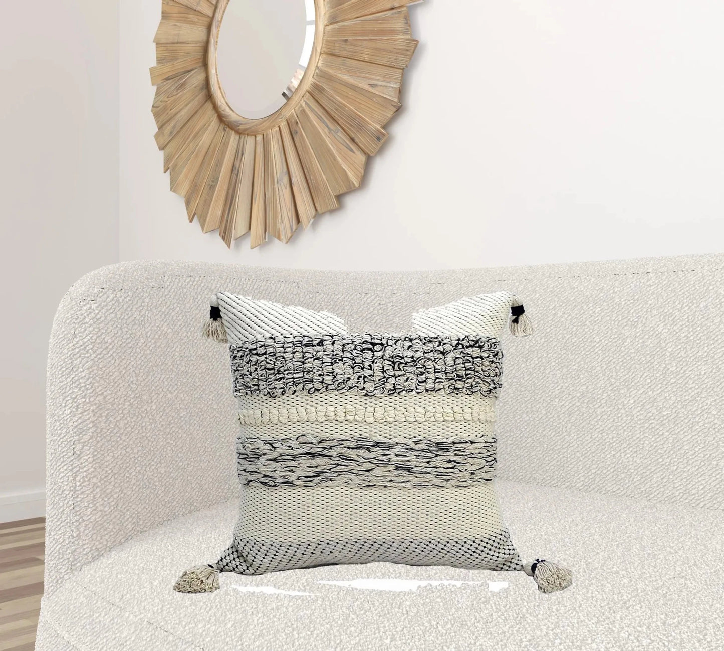 22" X 22" White And Black Zippered Cotton Blend Ribbed Throw Pillow With Tassels - Nobiliving