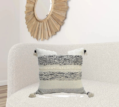 22" X 22" White And Black Zippered Cotton Blend Ribbed Throw Pillow With Tassels - Nobiliving